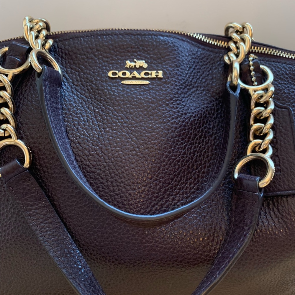 Coach Deep Brown Leather Shoulder Bag with Gold Accents